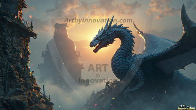 AI dragon fantasy art featuring colossal mythical beasts soaring over modern cities with breathtaking scale, detail and raw power.