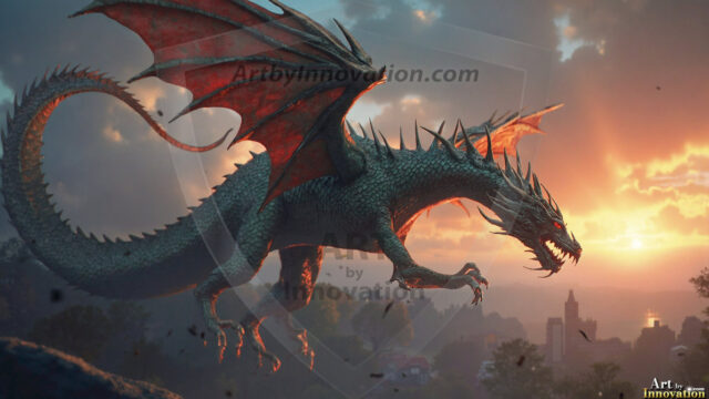 AI dragon fantasy art featuring colossal mythical beasts soaring over modern cities with breathtaking scale, detail and raw power.