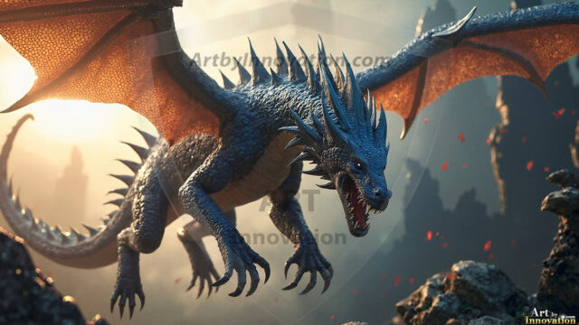 AI dragon fantasy art featuring colossal mythical beasts soaring over modern cities with breathtaking scale, detail and raw power.