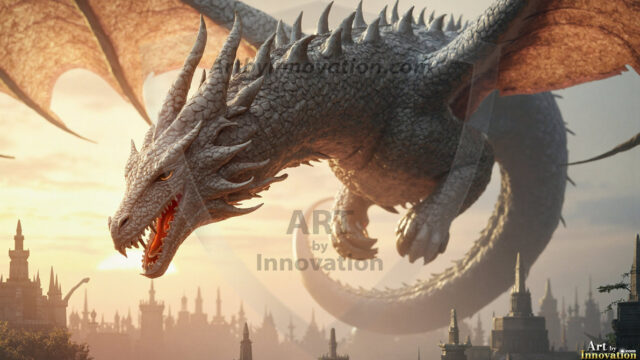 AI dragon fantasy art featuring colossal mythical beasts soaring over modern cities with breathtaking scale, detail and raw power.