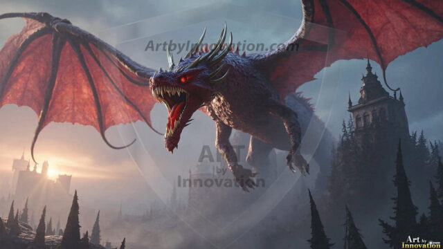 AI dragon fantasy art featuring colossal mythical beasts soaring over modern cities with breathtaking scale, detail and raw power.