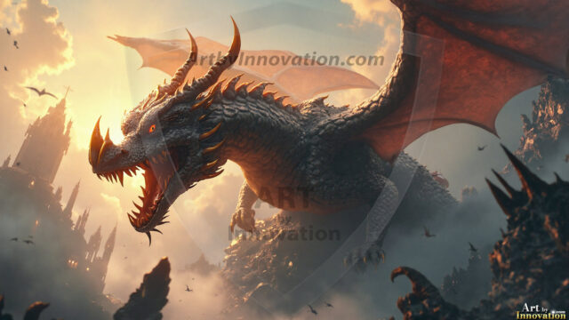 AI dragon fantasy art featuring colossal mythical beasts soaring over modern cities with breathtaking scale, detail and raw power.
