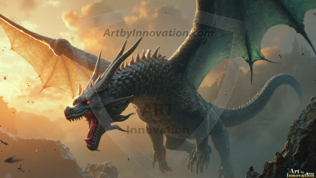 AI dragon fantasy art featuring colossal mythical beasts soaring over modern cities with breathtaking scale, detail and raw power.