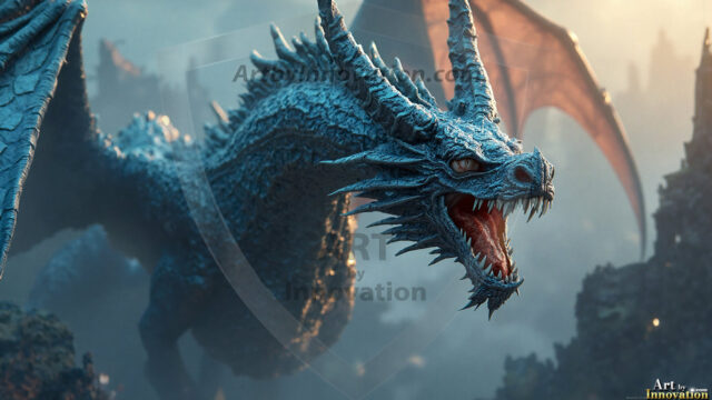 AI dragon fantasy art featuring colossal mythical beasts soaring over modern cities with breathtaking scale, detail and raw power.