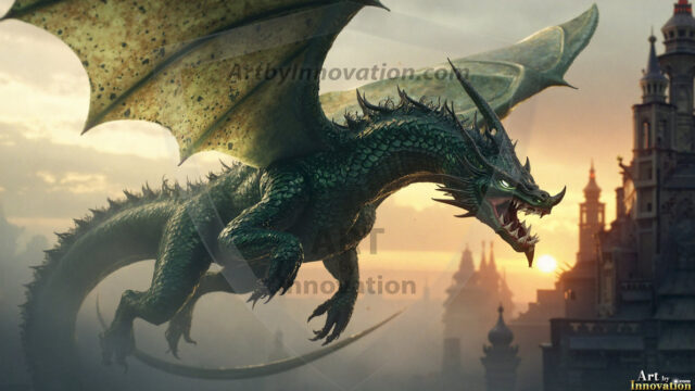 AI dragon fantasy art featuring colossal mythical beasts soaring over modern cities with breathtaking scale, detail and raw power.