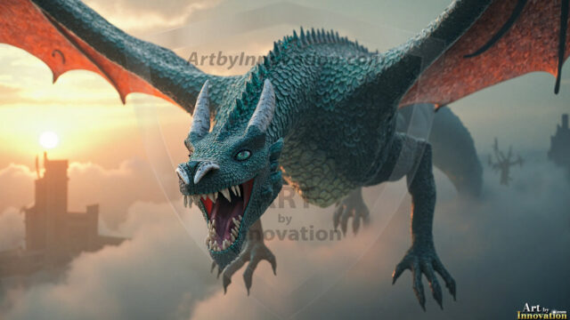 AI dragon fantasy art featuring colossal mythical beasts soaring over modern cities with breathtaking scale, detail and raw power.