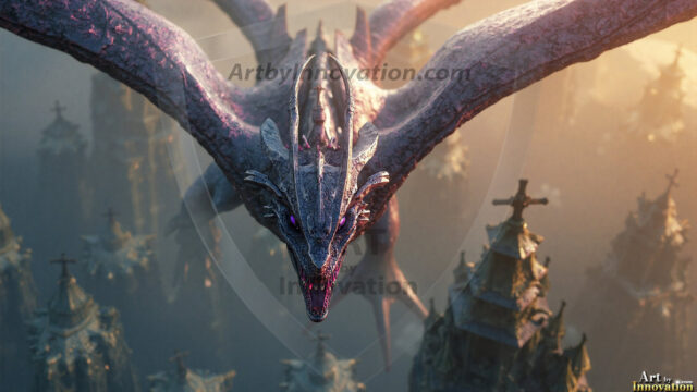 AI dragon fantasy art featuring colossal mythical beasts soaring over modern cities with breathtaking scale, detail and raw power.