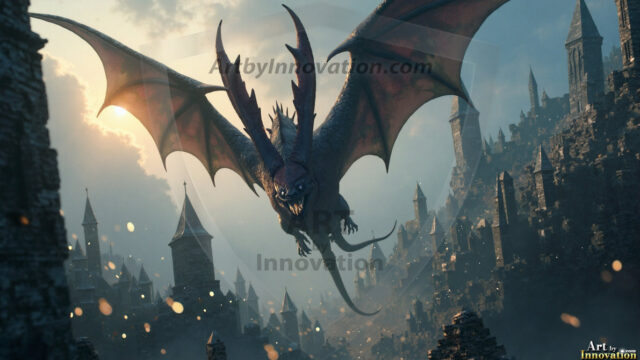 AI dragon fantasy art featuring colossal mythical beasts soaring over modern cities with breathtaking scale, detail and raw power.