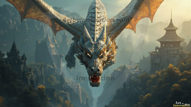AI dragon fantasy art featuring colossal mythical beasts soaring over modern cities with breathtaking scale, detail and raw power.