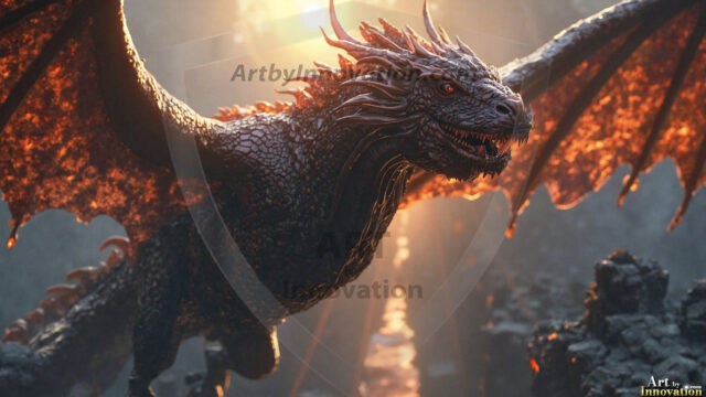 AI dragon fantasy art featuring colossal mythical beasts soaring over modern cities with breathtaking scale, detail and raw power.