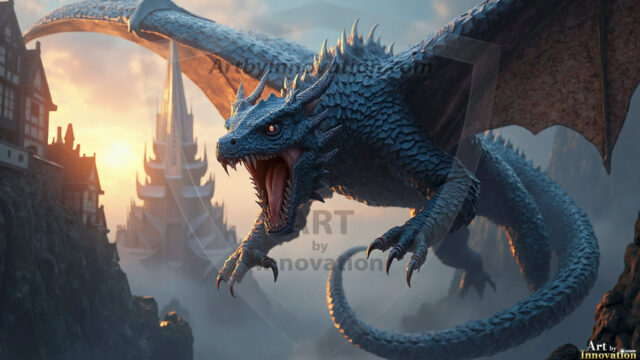 AI dragon fantasy art featuring colossal mythical beasts soaring over modern cities with breathtaking scale, detail and raw power.