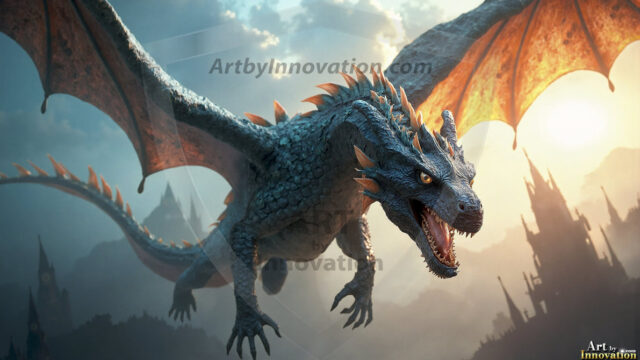 AI dragon fantasy art featuring colossal mythical beasts soaring over modern cities with breathtaking scale, detail and raw power.
