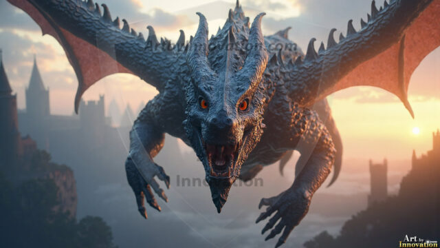 AI dragon fantasy art featuring colossal mythical beasts soaring over modern cities with breathtaking scale, detail and raw power.