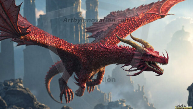 AI dragon fantasy art featuring colossal mythical beasts soaring over modern cities with breathtaking scale, detail and raw power.