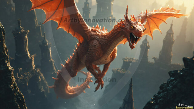 AI dragon fantasy art featuring colossal mythical beasts soaring over modern cities with breathtaking scale, detail and raw power.