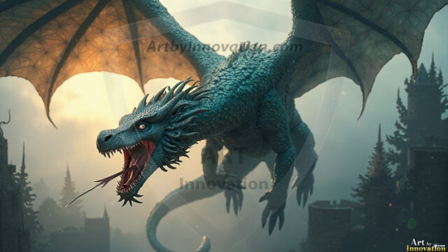 AI dragon fantasy art featuring colossal mythical beasts soaring over modern cities with breathtaking scale, detail and raw power.