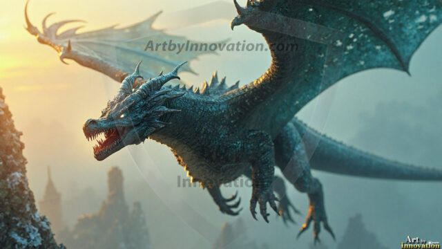 AI dragon fantasy art featuring colossal mythical beasts soaring over modern cities with breathtaking scale, detail and raw power.