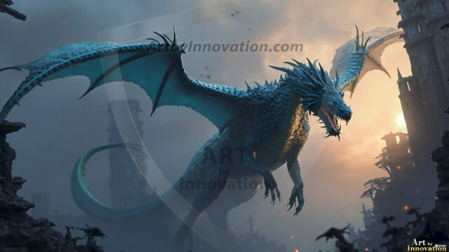 AI dragon fantasy art featuring colossal mythical beasts soaring over modern cities with breathtaking scale, detail and raw power.