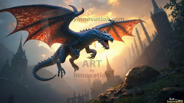 AI dragon fantasy art featuring colossal mythical beasts soaring over modern cities with breathtaking scale, detail and raw power.