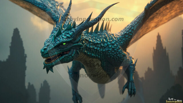 AI dragon fantasy art featuring colossal mythical beasts soaring over modern cities with breathtaking scale, detail and raw power.