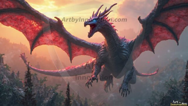 AI dragon fantasy art featuring colossal mythical beasts soaring over modern cities with breathtaking scale, detail and raw power.