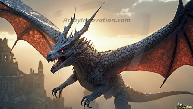 AI dragon fantasy art featuring colossal mythical beasts soaring over modern cities with breathtaking scale, detail and raw power.