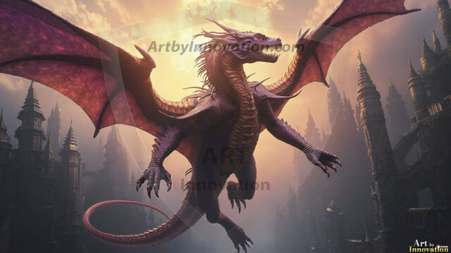 AI dragon fantasy art featuring colossal mythical beasts soaring over modern cities with breathtaking scale, detail and raw power.