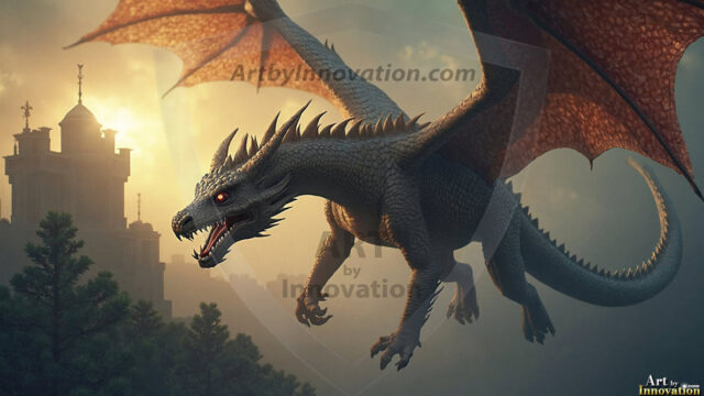 AI dragon fantasy art featuring colossal mythical beasts soaring over modern cities with breathtaking scale, detail and raw power.