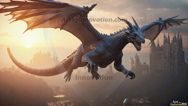 AI dragon fantasy art featuring colossal mythical beasts soaring over modern cities with breathtaking scale, detail and raw power.