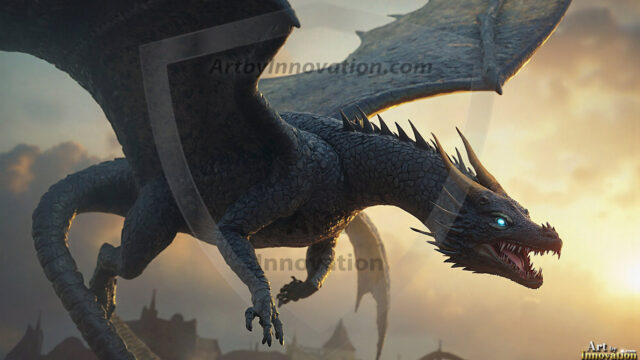 AI dragon fantasy art featuring colossal mythical beasts soaring over modern cities with breathtaking scale, detail and raw power.