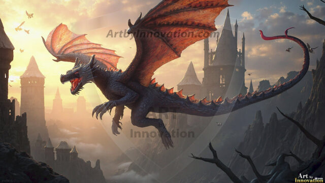 AI dragon fantasy art featuring colossal mythical beasts soaring over modern cities with breathtaking scale, detail and raw power.