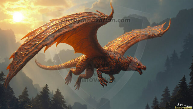 AI dragon fantasy art featuring colossal mythical beasts soaring over modern cities with breathtaking scale, detail and raw power.