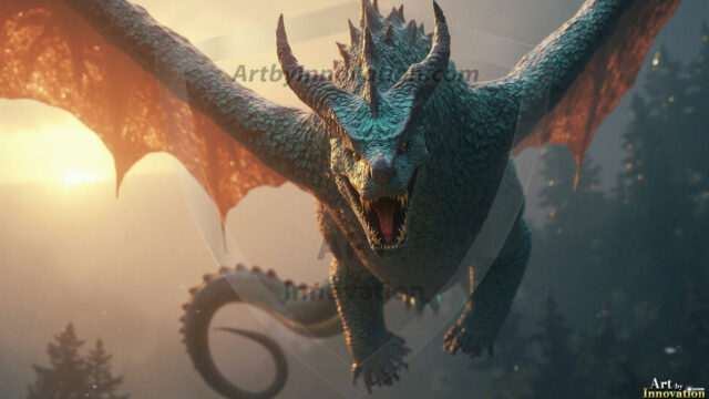 AI dragon fantasy art featuring colossal mythical beasts soaring over modern cities with breathtaking scale, detail and raw power.