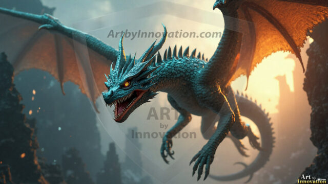 AI dragon fantasy art featuring colossal mythical beasts soaring over modern cities with breathtaking scale, detail and raw power.