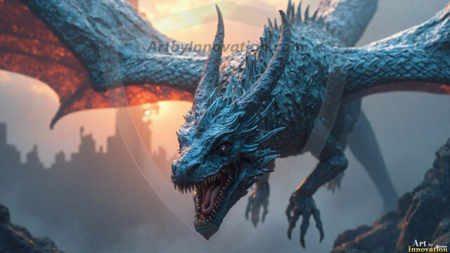 AI dragon fantasy art featuring colossal mythical beasts soaring over modern cities with breathtaking scale, detail and raw power.