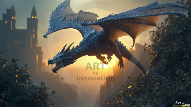 AI dragon fantasy art featuring colossal mythical beasts soaring over modern cities with breathtaking scale, detail and raw power.