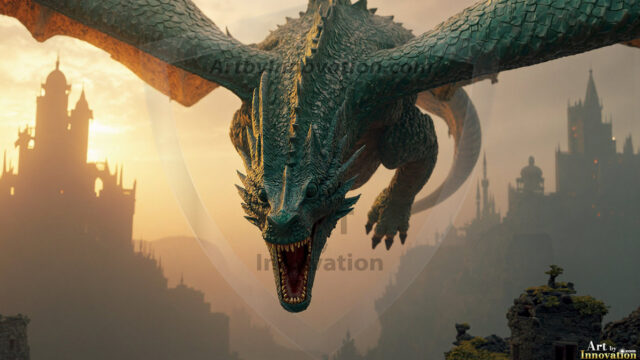 AI dragon fantasy art featuring colossal mythical beasts soaring over modern cities with breathtaking scale, detail and raw power.