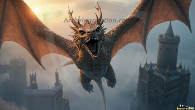 AI dragon fantasy art featuring colossal mythical beasts soaring over modern cities with breathtaking scale, detail and raw power.