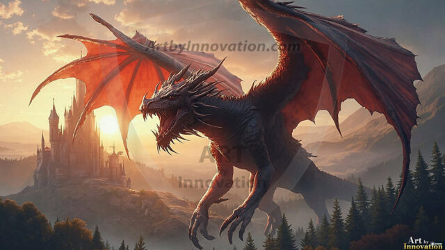 AI dragon fantasy art featuring colossal mythical beasts soaring over modern cities with breathtaking scale, detail and raw power.