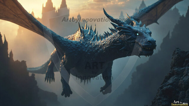 AI dragon fantasy art featuring colossal mythical beasts soaring over modern cities with breathtaking scale, detail and raw power.