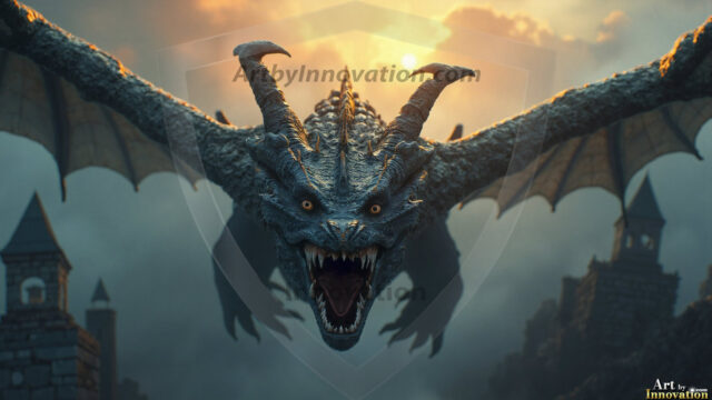 AI dragon fantasy art featuring colossal mythical beasts soaring over modern cities with breathtaking scale, detail and raw power.