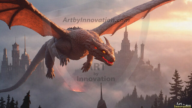 AI dragon fantasy art featuring colossal mythical beasts soaring over modern cities with breathtaking scale, detail and raw power.