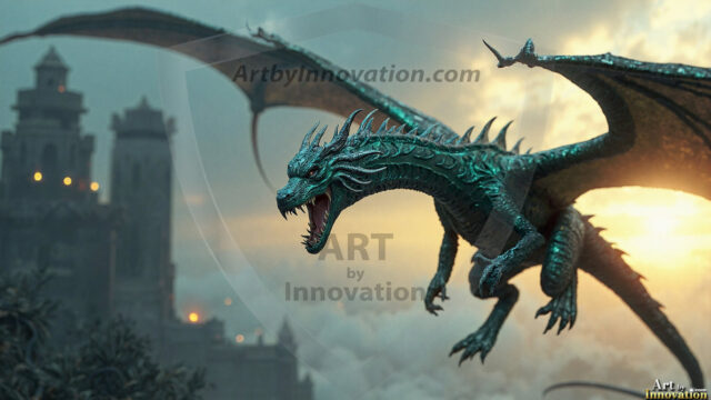 AI dragon fantasy art featuring colossal mythical beasts soaring over modern cities with breathtaking scale, detail and raw power.