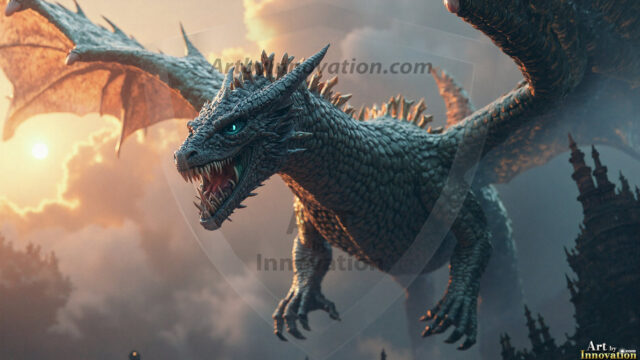 AI dragon fantasy art featuring colossal mythical beasts soaring over modern cities with breathtaking scale, detail and raw power.