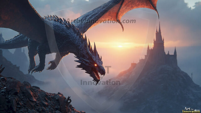 AI dragon fantasy art featuring colossal mythical beasts soaring over modern cities with breathtaking scale, detail and raw power.