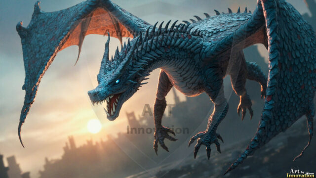 AI dragon fantasy art featuring colossal mythical beasts soaring over modern cities with breathtaking scale, detail and raw power.