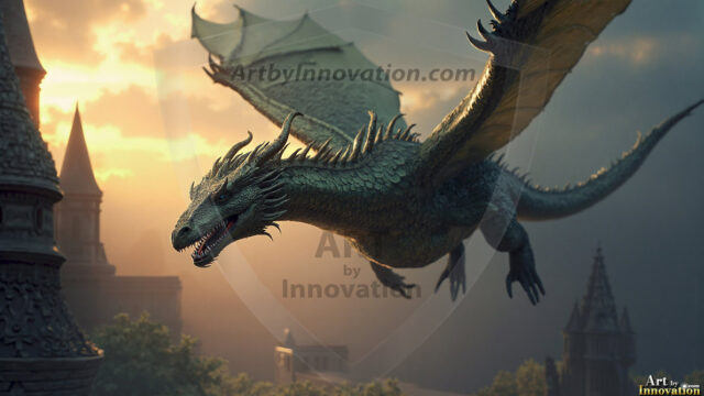 AI dragon fantasy art featuring colossal mythical beasts soaring over modern cities with breathtaking scale, detail and raw power.