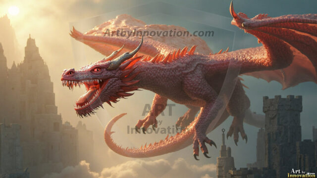 AI dragon fantasy art featuring colossal mythical beasts soaring over modern cities with breathtaking scale, detail and raw power.