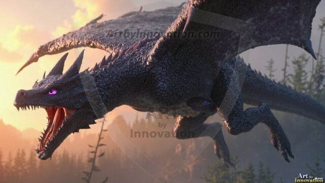 AI dragon fantasy art featuring colossal mythical beasts soaring over modern cities with breathtaking scale, detail and raw power.