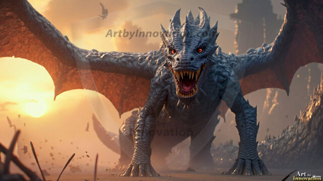 AI dragon fantasy art featuring colossal mythical beasts soaring over modern cities with breathtaking scale, detail and raw power.